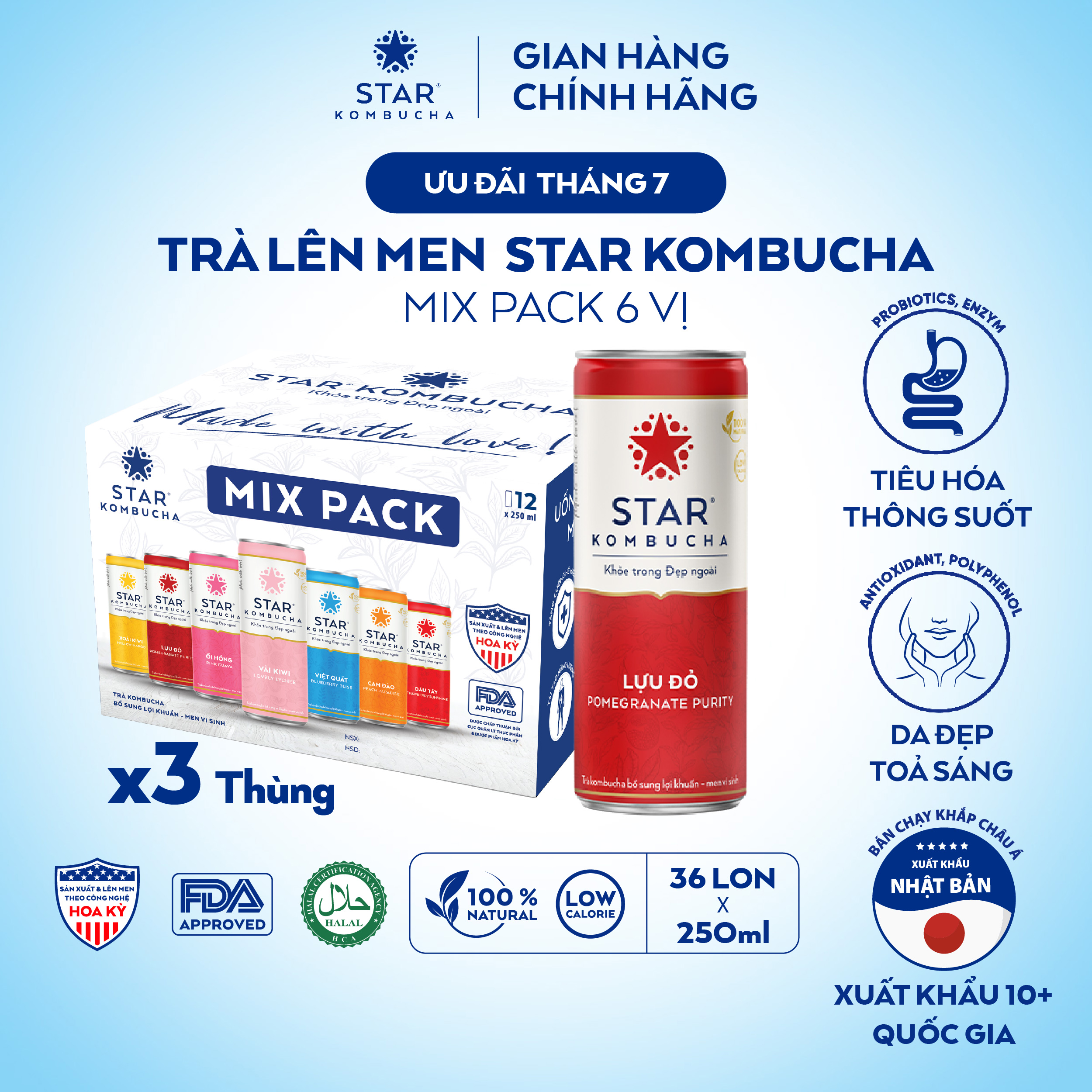 Combo 3 thùng 12 lon trà lên men STAR KOMBUCHA mix 6 vị (36 lon x 250ml)