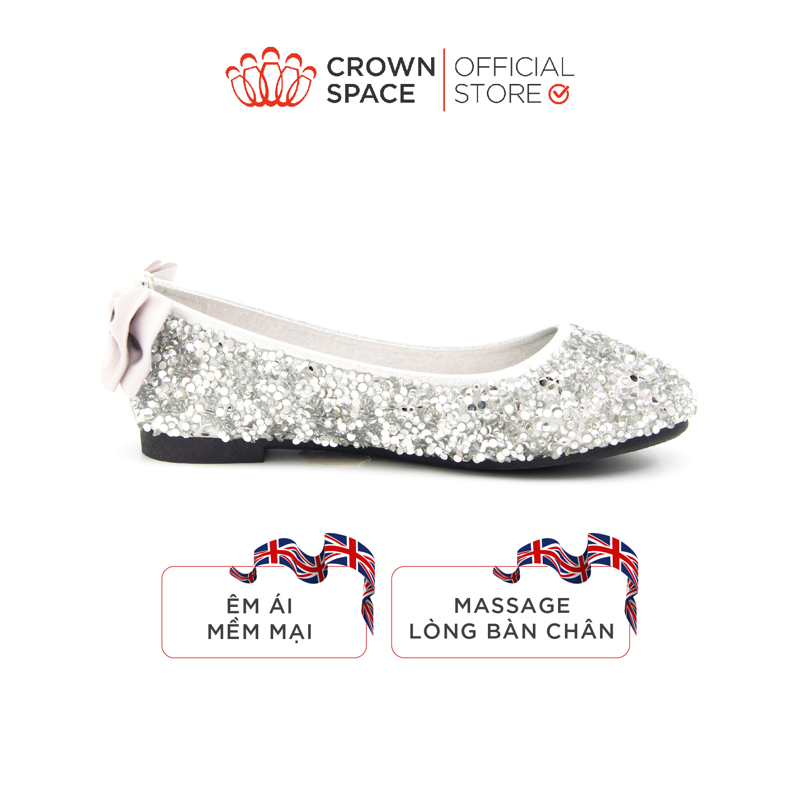 Giày Búp Bê 2 Màu Bạc, Vàng Có Đính Hạt Lấp Lánh Bé Gái Đi Học Đi Chơi Crown Space UK Ballerina Trẻ Em Cao Cấp CRUK3033 Nhẹ Êm Thoáng Size 29-36