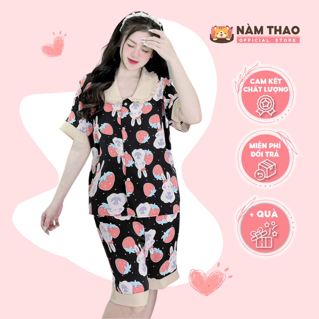 Bộ mặc nhà pyjama lụa mango - mẫu lửng cổ bèo nhún - bigsize 50kg - 75kg | nàm thao - nt135