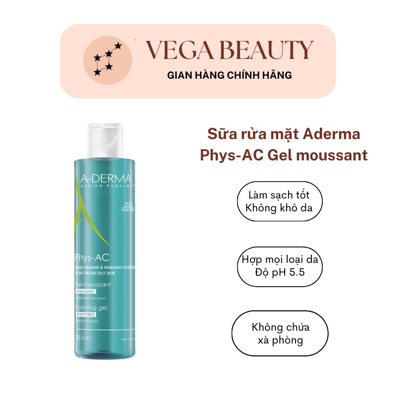 Sữa Rửa Mặt Aderma Phys-AC Purifying Foaming Gel 200ml cho da mụn, nhạy cảm