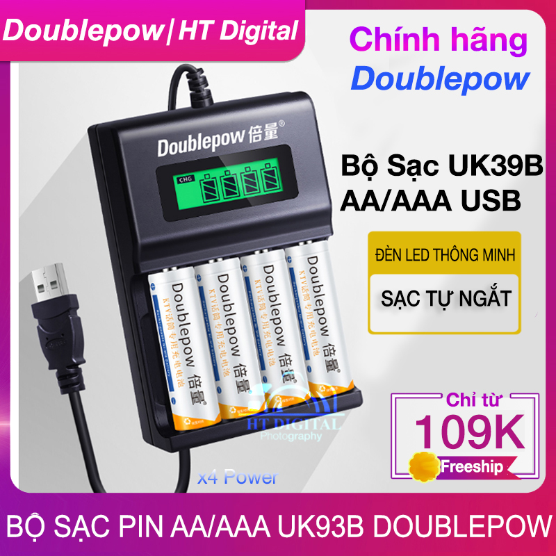 Bộ sạc pin tiểu AA AAA Doublepow Uk93b Tự Ngắt - Dành cho Pin Sạc AA AA cho Mic không dây,máy đo huyết áp, đồ chơi