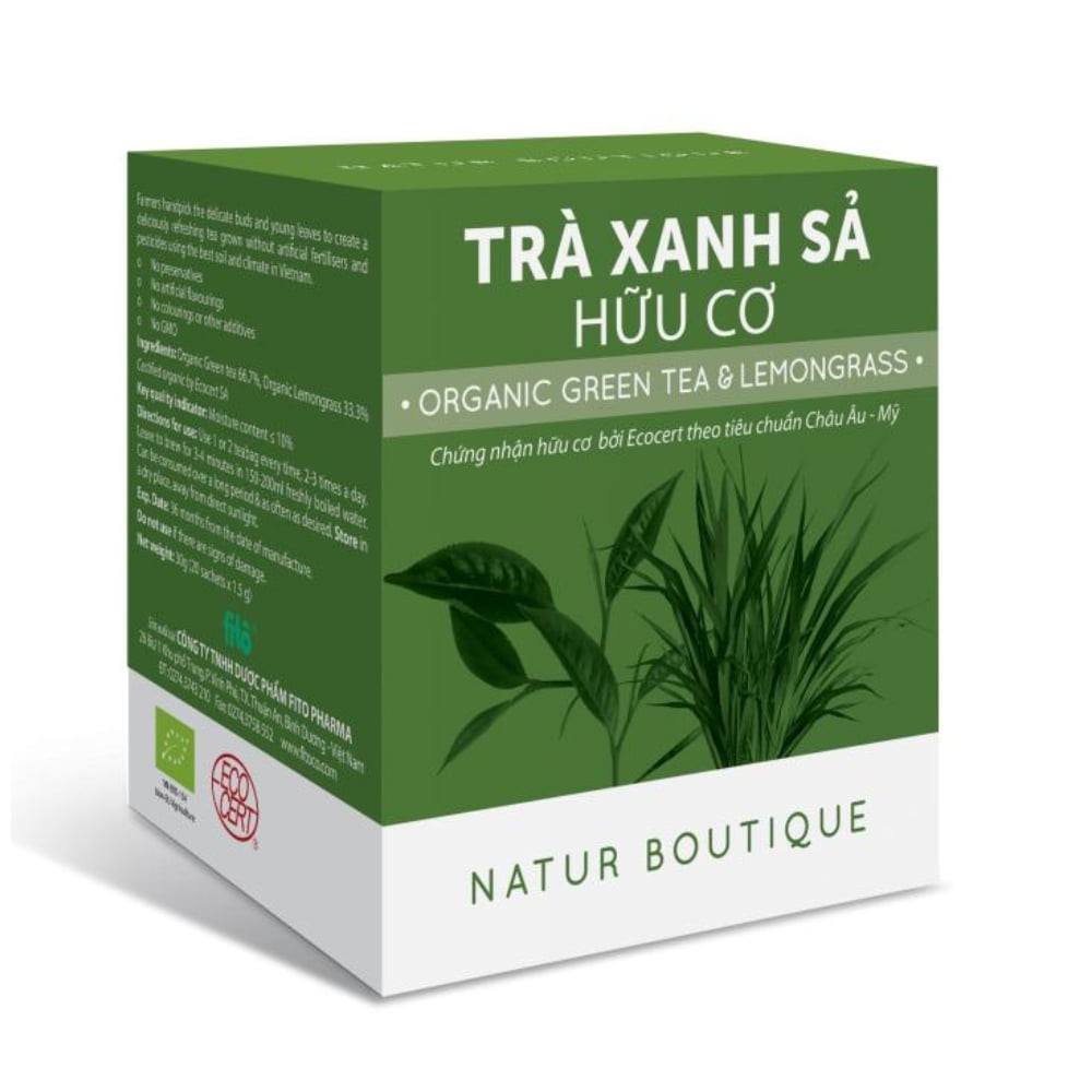 Trà Xanh Sả Hữu Cơ Natur Boutique FITO Organic Lemongrass Green - Hộp 20 gói túi lọc