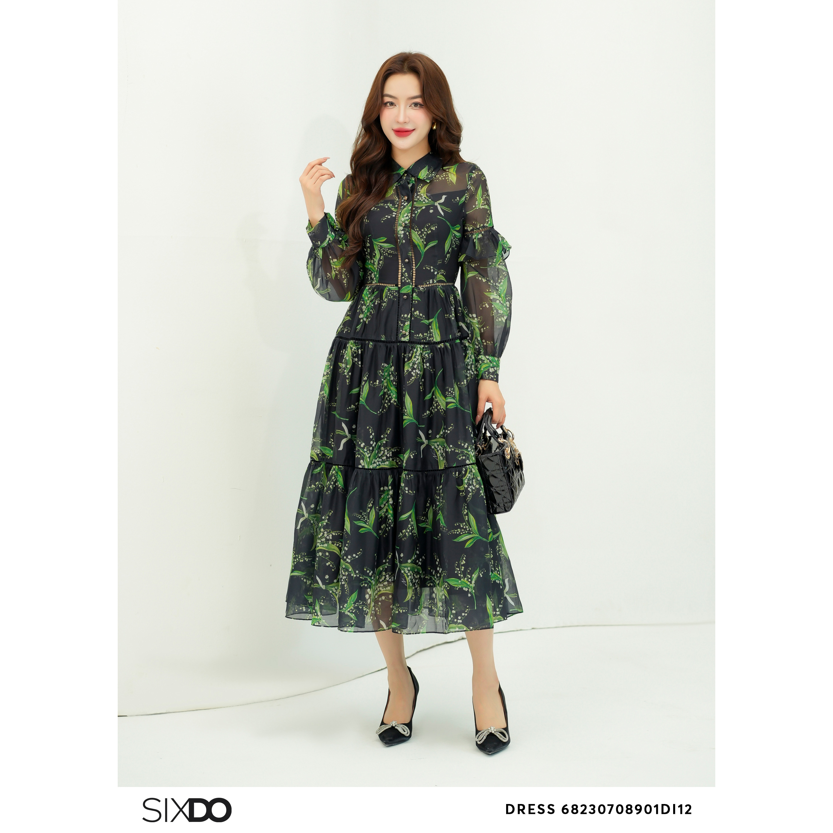 Đầm tơ organza cổ sơ mi hoa linh lan SIXDO (Black Floral Midi Dress)