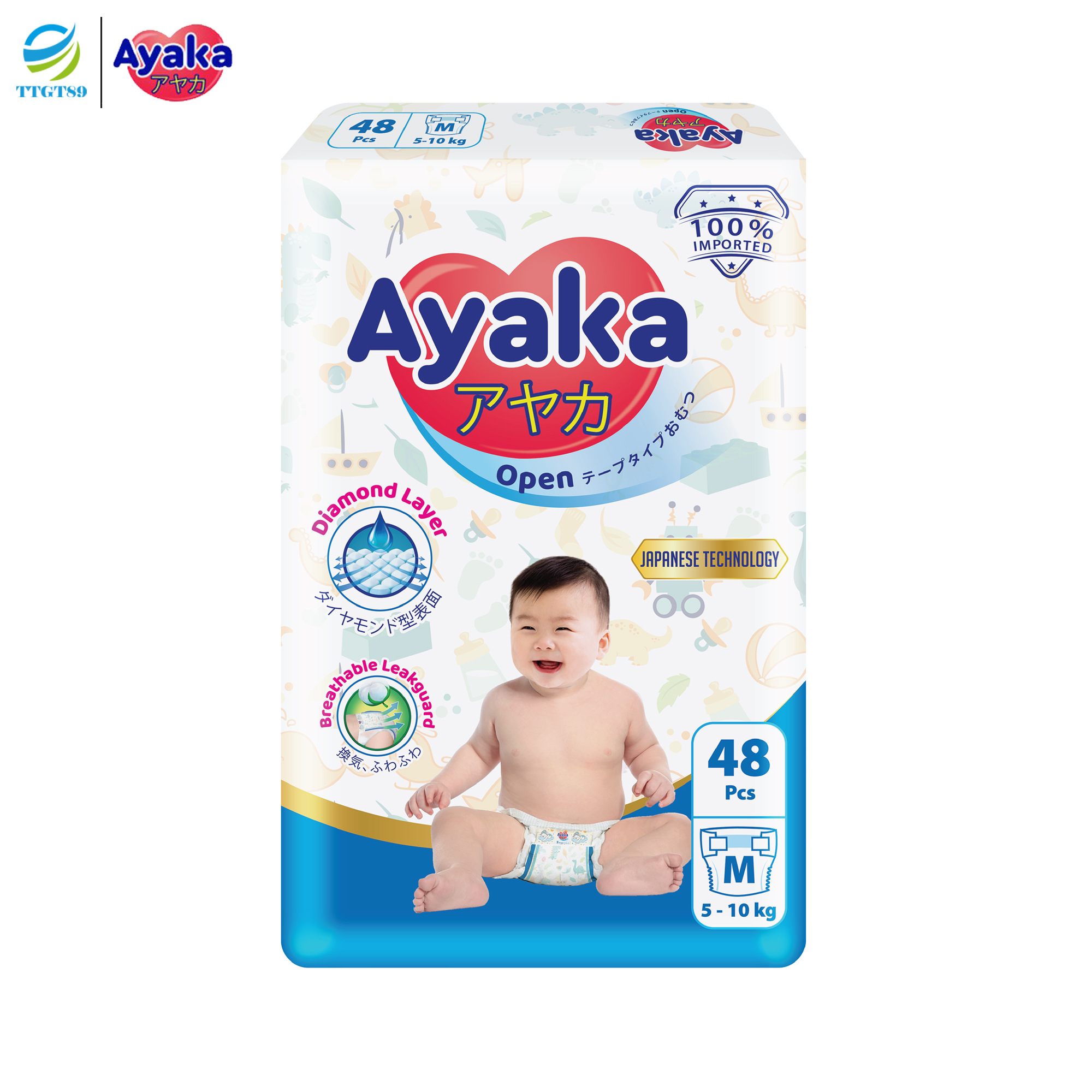 Tã dán trẻ em AYAKA Công Nghệ Nhật Bản Size M 48 miếng/gói dành cho bé 5-10kg - Thương Hiệu AYAKA - TTGT89