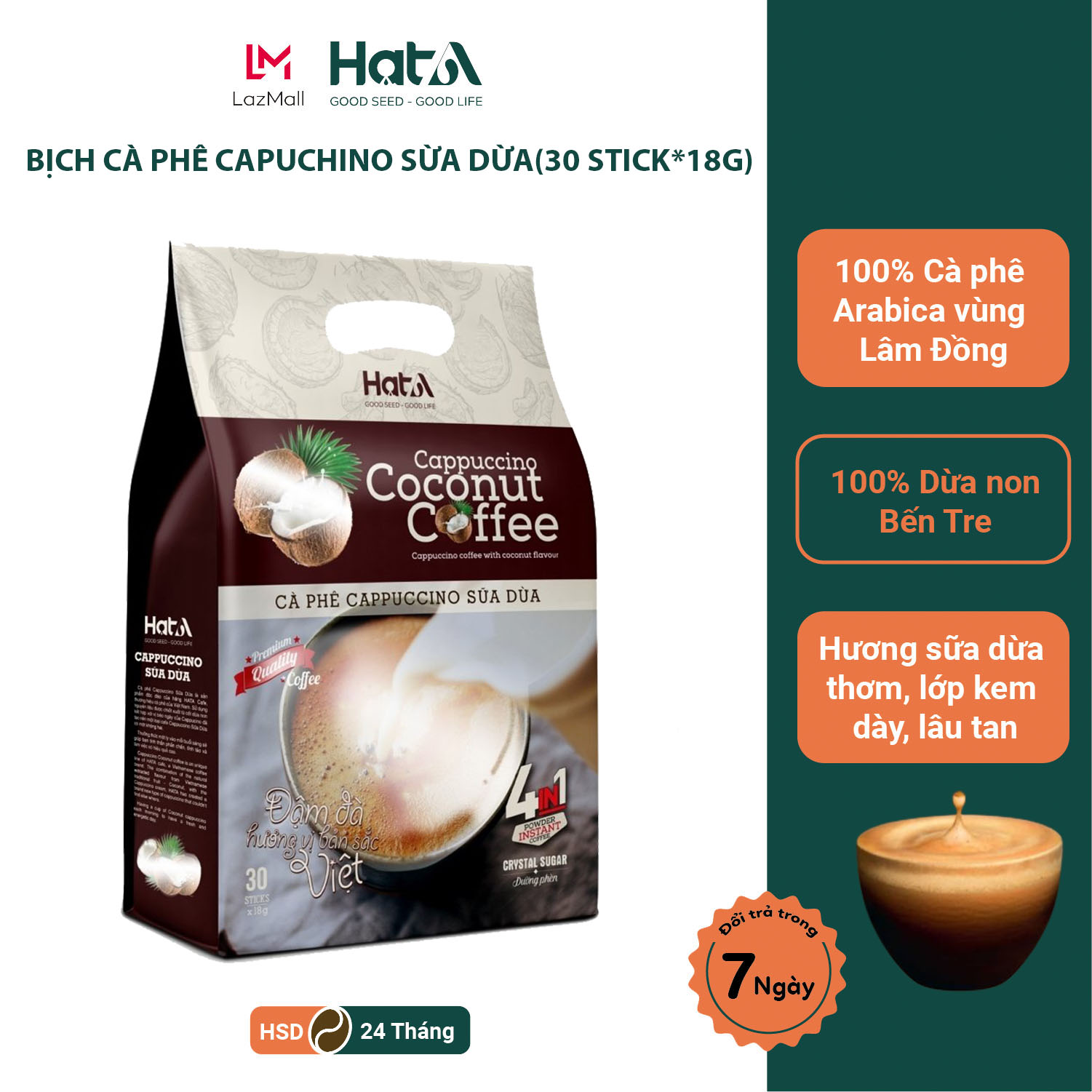 Túi Cà phê Cappuccino Sữa Dừa Cafe hoà tan Hạt A Cafe (túi 30 gói x 18g)