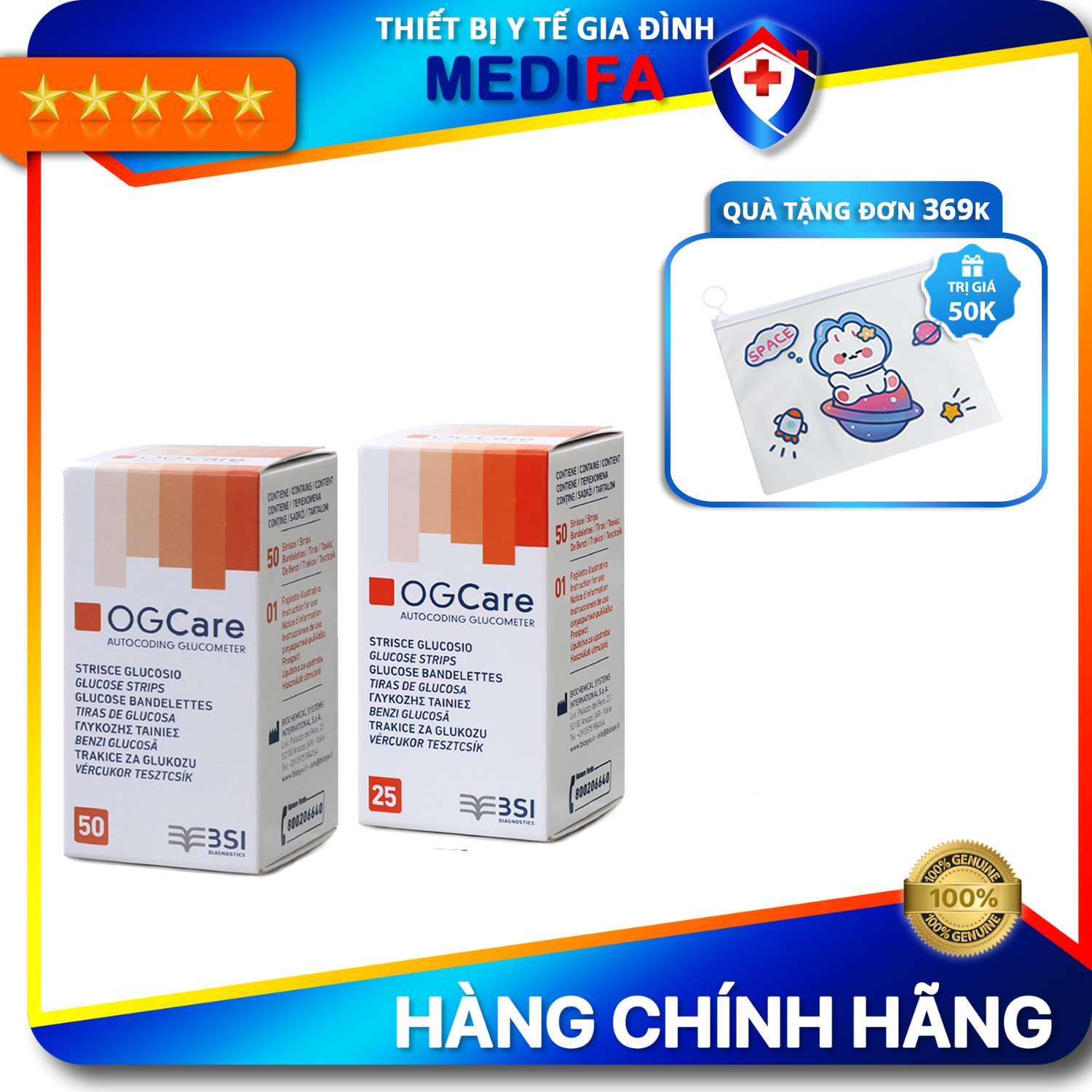 Que thử đường huyết ogcare hộp 25/50 que thử, công nghệ bio-sensor cho kết quả chính xác cao, hàng chính hãng