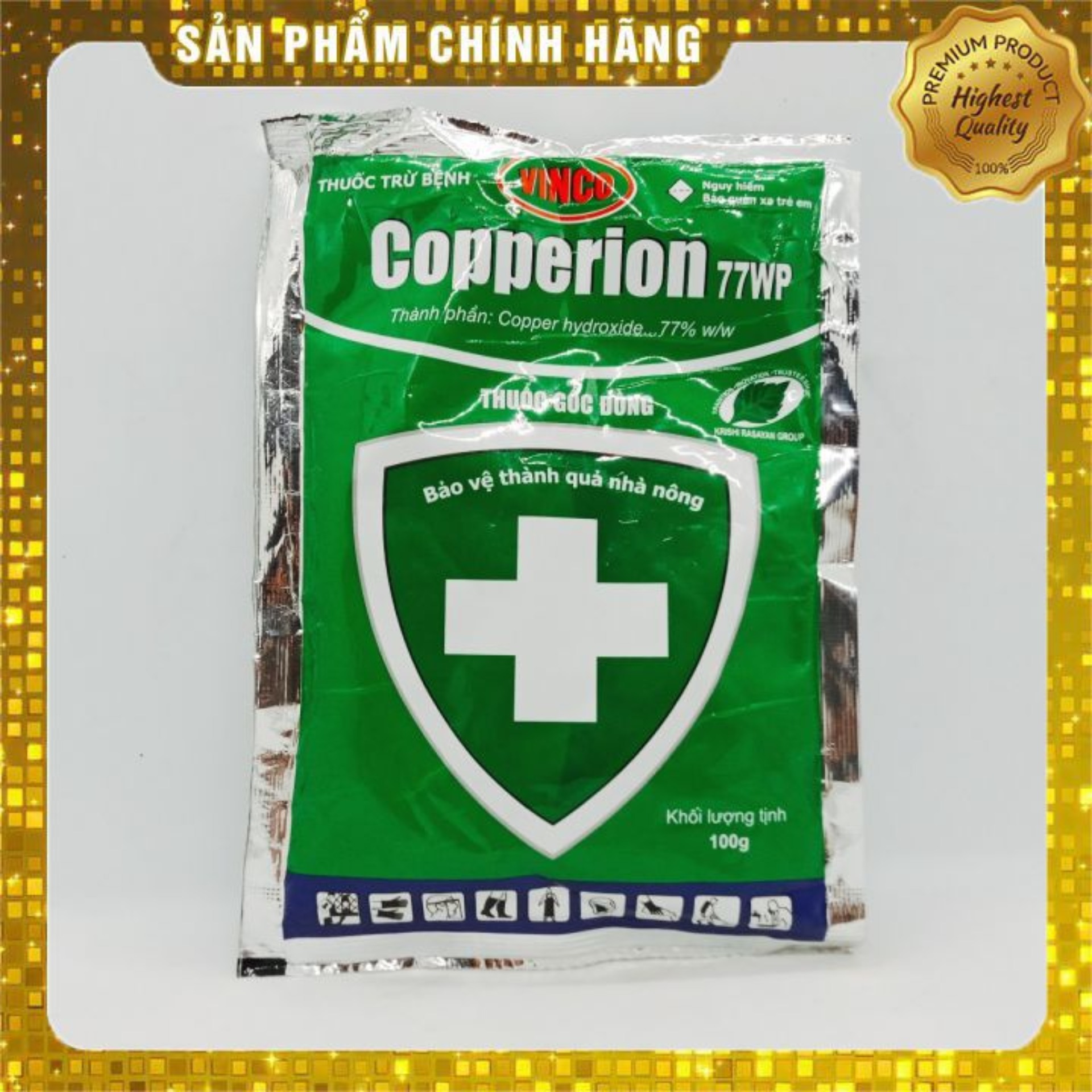 Thuoc trừ bệnh gốc đồng Copperion 77WP (100g) phòng trừ được các bệnh thán thư, đốm lá, thối trái, ghẻ trái, mốc sương, tảo đỏ...