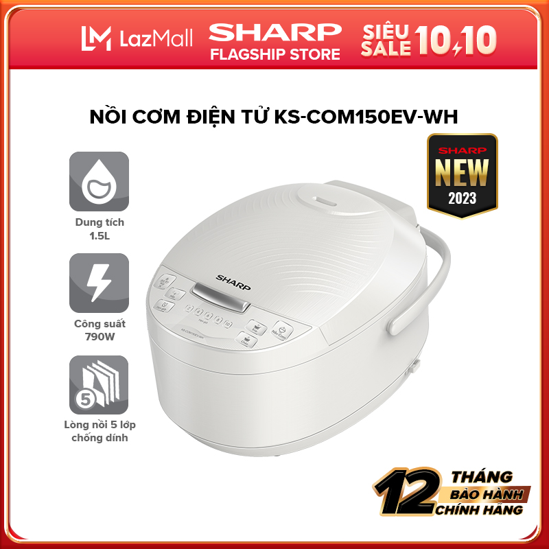 [Hàng mới về 2023] Nồi Cơm Điện Tử Sharp KS-COM150EV-WH 1.5L [4 Chức năng nấu, Màn hình LED, Lòng nồi 5 lớp] - Hàng Chính Hãng Uy Tín Bảo Hành 12 tháng