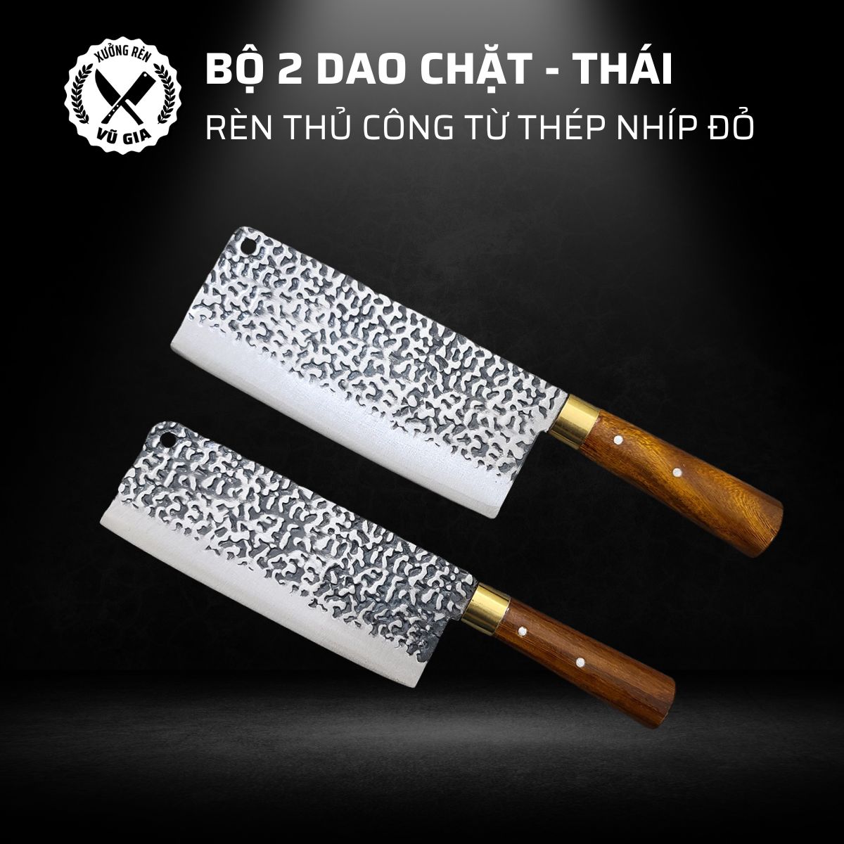 Bộ 2 Dao Chặt, Thái Rèn Từ Thép Nhíp Dập Vân 2 Mặt Cao Cấp - Cán Cẩm Chỉ Khâu Đồng