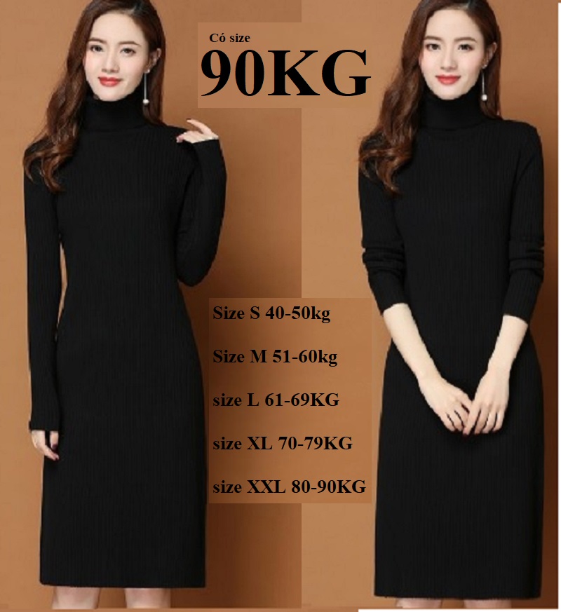 Váy Len tăm body Cổ Lọ 5cm, Chất dày đẹp, Thiết Kế đẹp Đánh Lừa thị Giác, eo thon hơn, Mông tròn hơn, Ngực cao hơn, Có Bigsize 90KG!..