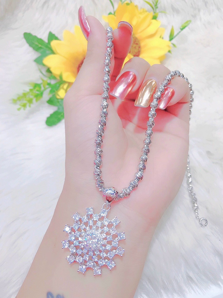 Dây Chuyền Bạch Kim Nữ Dây Bi mặt hoa tuyết đính đá quý  1210 ( 01 Dây + 01 Mặt ) - Mang rất sang, đẹp - Không Dị Ứng, Không Phai Màu, dây chuyền nữ, dây chuyền nữ bạch kim