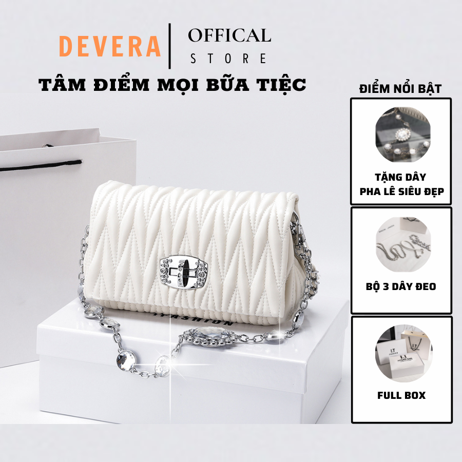 Túi dự tiệc nữ đính đá sang trọng đeo chéo đeo vai cầm tay DEVERA_8808. Vân da dập nổi 3D, tặng kèm dây đeo vai pha lê siêu đẹp