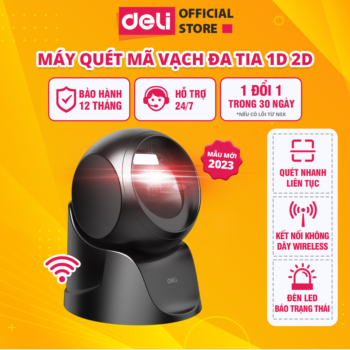 Máy quét mã vạch deli es231 máy quét mã vạch 1d 2d - quét mã siêu thị, cửa hàng tạp hóa, kho hàng, hiệu thước, kết nối usb đa thiết bị thông minh đèn led cảnh báo trạng thái