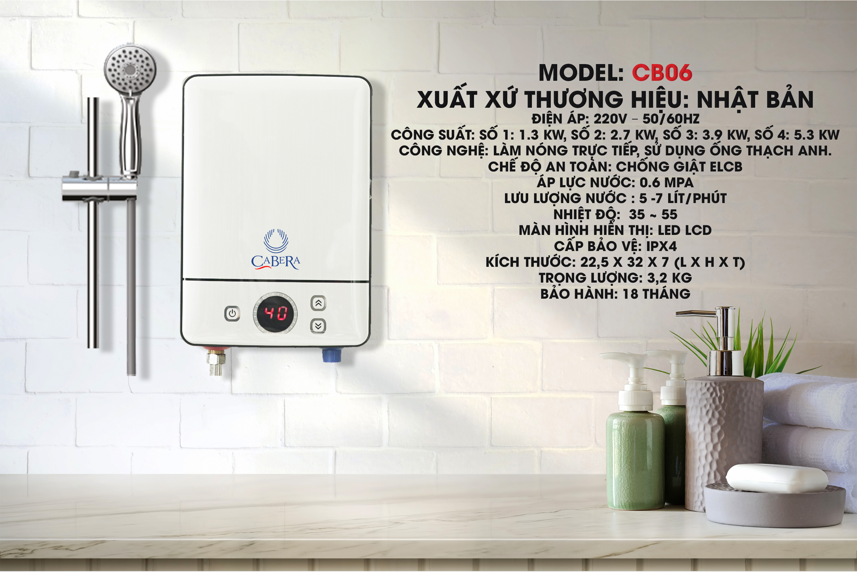 Máy nước nóng trực tiếp hồng ngoại cabera nhật bản