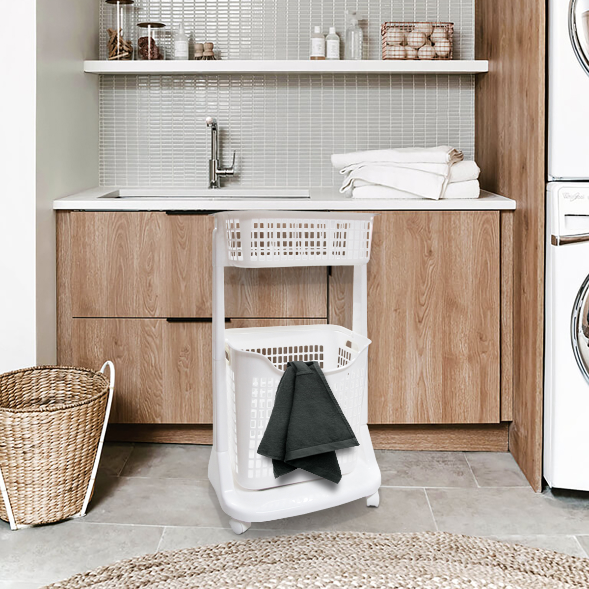 HomeBase API giỏ nhựa đựng đồ dơ, đồ đem đi giặt bằng nhựa 2 tầng Thái Lan W45xD30xH80 Cm trắng