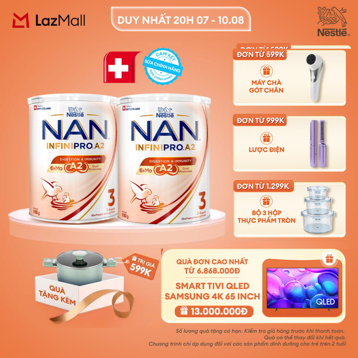 [CHỈ 20H 07-10.08 QT ĐƠN 599K/999K/1299K][Tặng Nồi chống dính elmich 18cm] Combo 2 lon Sữa bột Nestle NAN INFINIPRO A2 3 800g Cho Bé 2 - 6 Tuổi Có Đạm A2, 6HMO & Lợi Khuẩn Kép hỗ trợ tiêu hóa, đề kháng