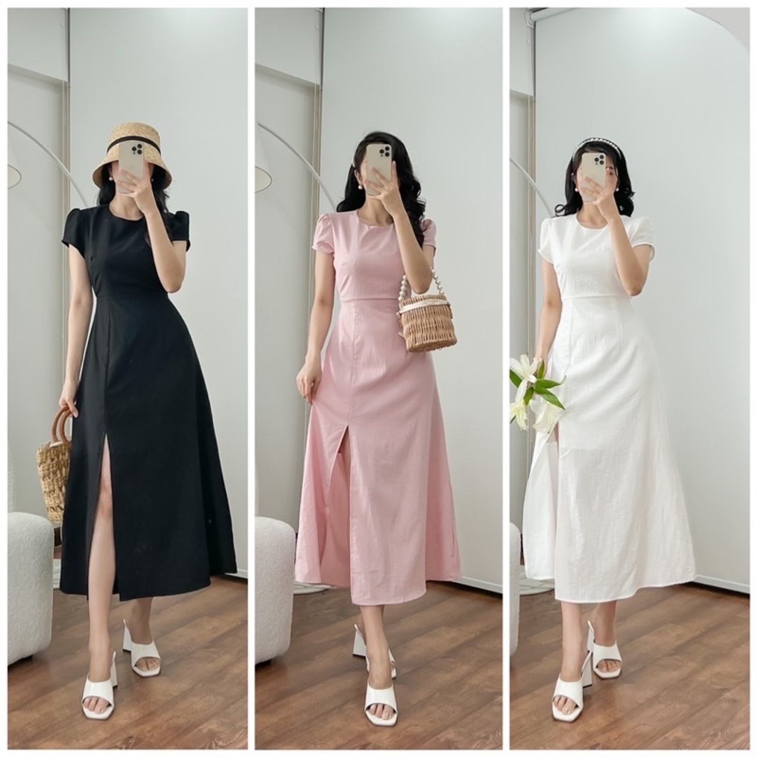 Đầm midi Mixiz House xẻ tà cut-out kết nút lưng 3 màu thời trang