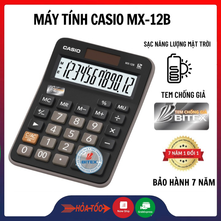 Máy tính Casio MX-12B chính hãng bảo hành 7 năm dùng cho học sinh, sinh viên, bán hàng, kế toán , năng lượng mặt trời