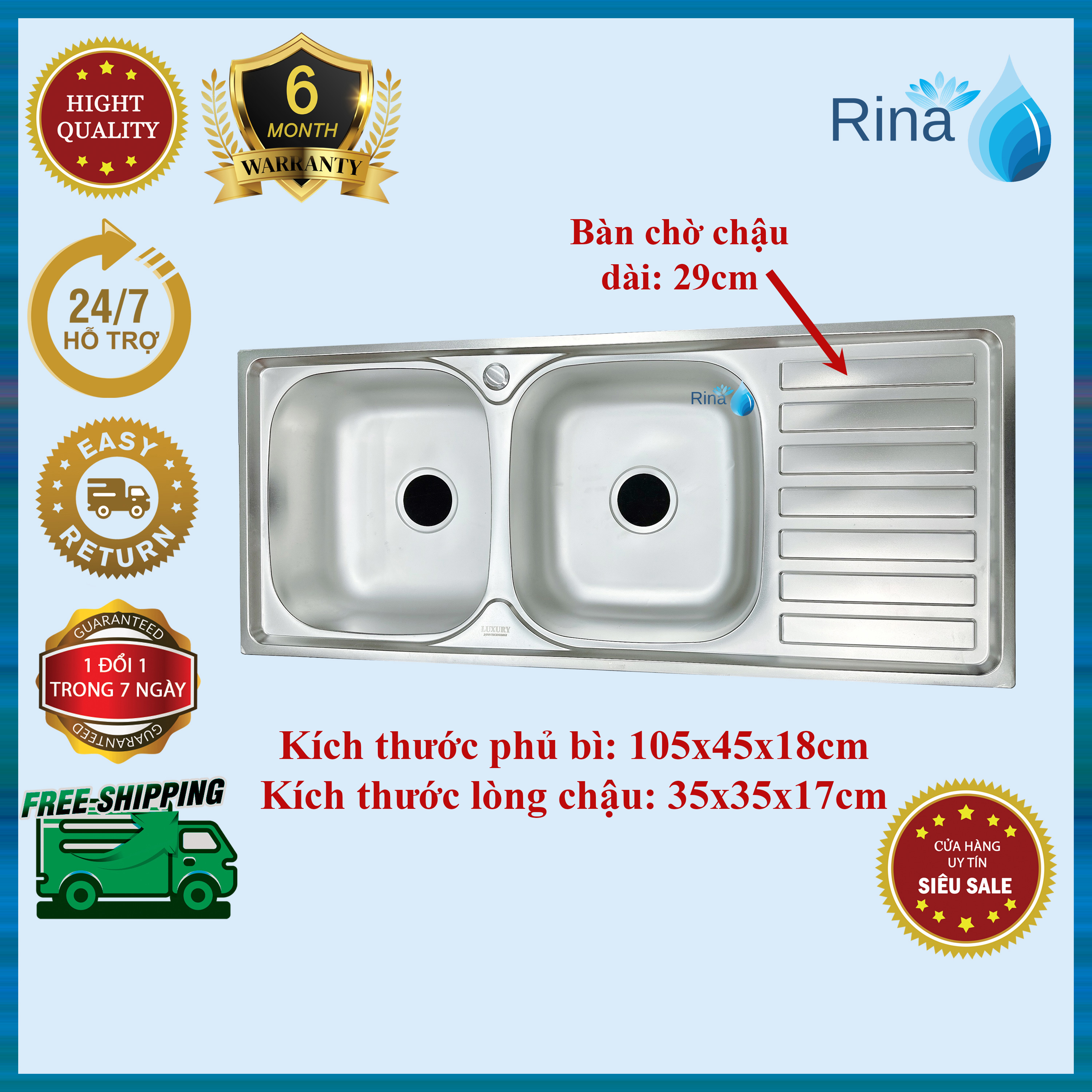 Bồn Chậu Rửa Chén bát Inox 2 Hộc 1 cánh KT 105x45 cm, Có Bàn Chờ Kèm Bộ Xả 2 Hộc Rina C13