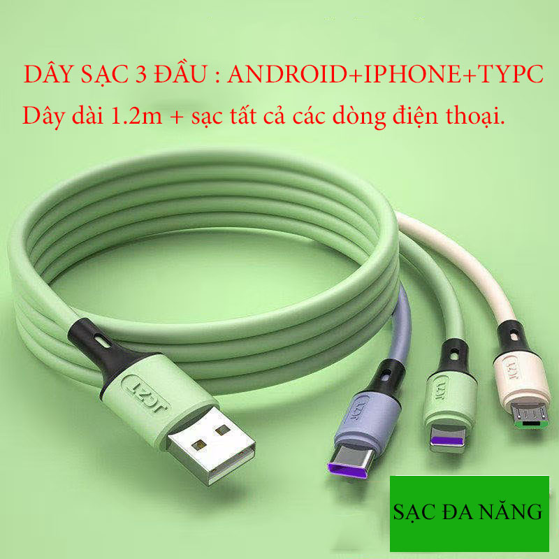 Cáp sạc nhanh 3 trong 1 6A,tăng tốc độ sạc 90%,sạc cho i.phone,samsung,android...tất cả các dòng điện toại