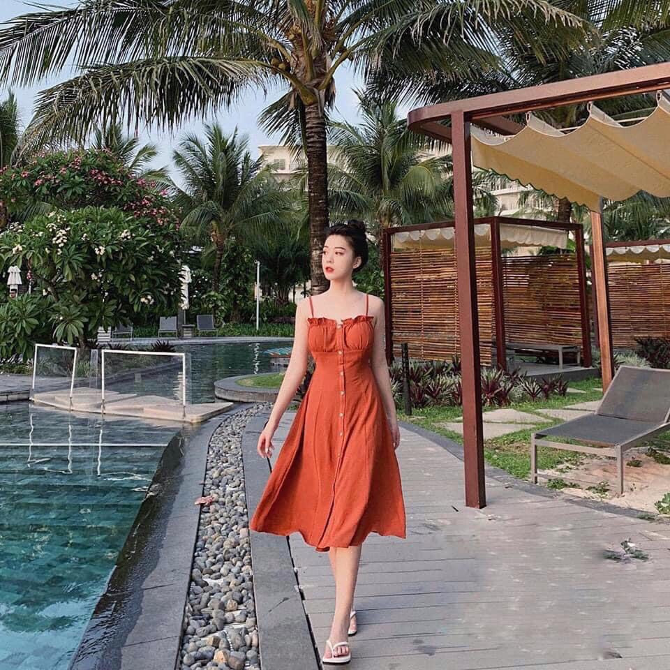 Váy đầm nữ dễ thương hai dây phối nút vải đũi