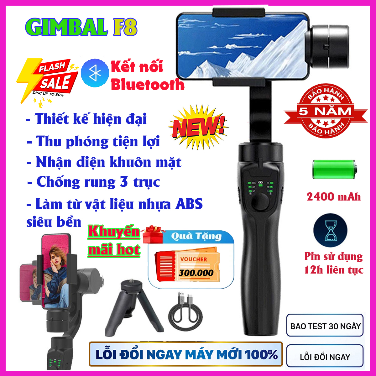 Gậy Gimbal chống rung quay phim, quay vlog, Thiết bị quay video cho máy ảnh, điện thoại Gimbal F8, Cây Quay Phim, Tay Cầm Chống Rung 3 trục, chuyển cảnh mượt mà, Xoay 360 độ, Bảo hành 5 năm