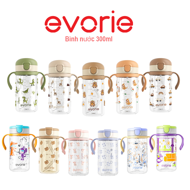 Evorie Tritan Bình nước Ống hút mềm Chống đầy hơi Không BPA Di động và chống rơi Niêm phong và chống nước bình nước trẻ em 300ml Trẻ em 1-3 tuổi