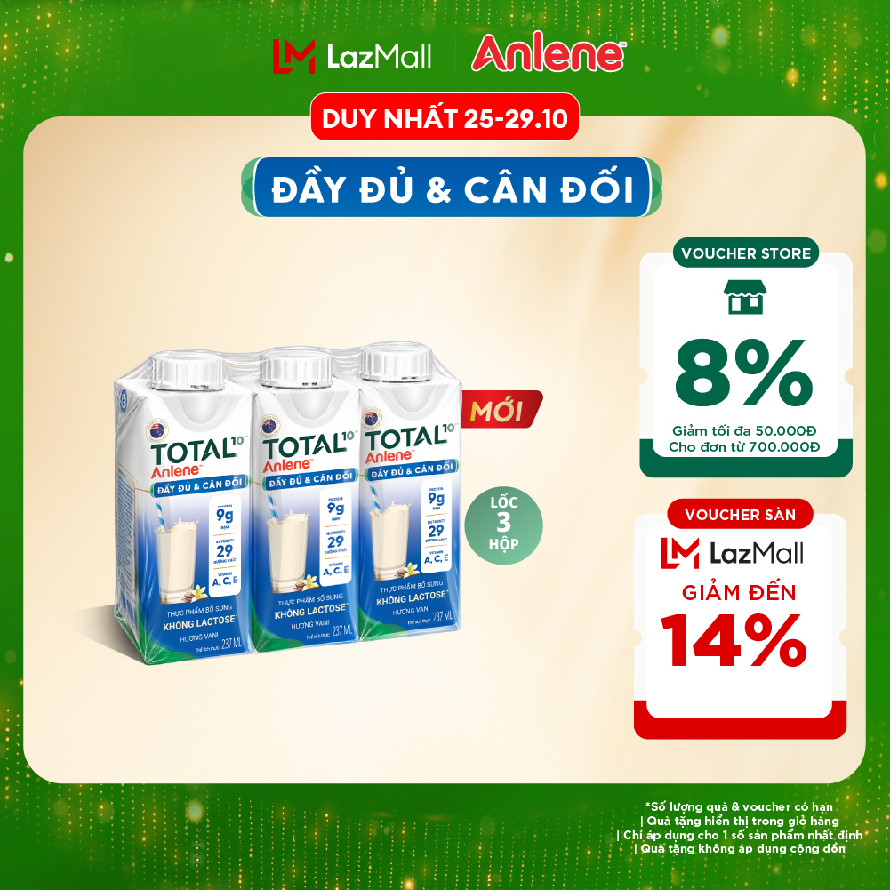 Lốc 3 hộp sữa nước Anlene Total 10 Không Lactose hương Vani (3 hộp x 237ml)
