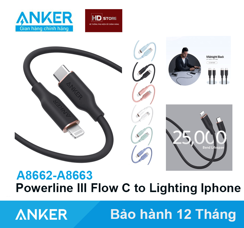 Cáp sạc anker powerline ii flow type c to lightning iphone mfi c94 - a8662 a8663 dài 0.9 mét 1.8 mét hdstore