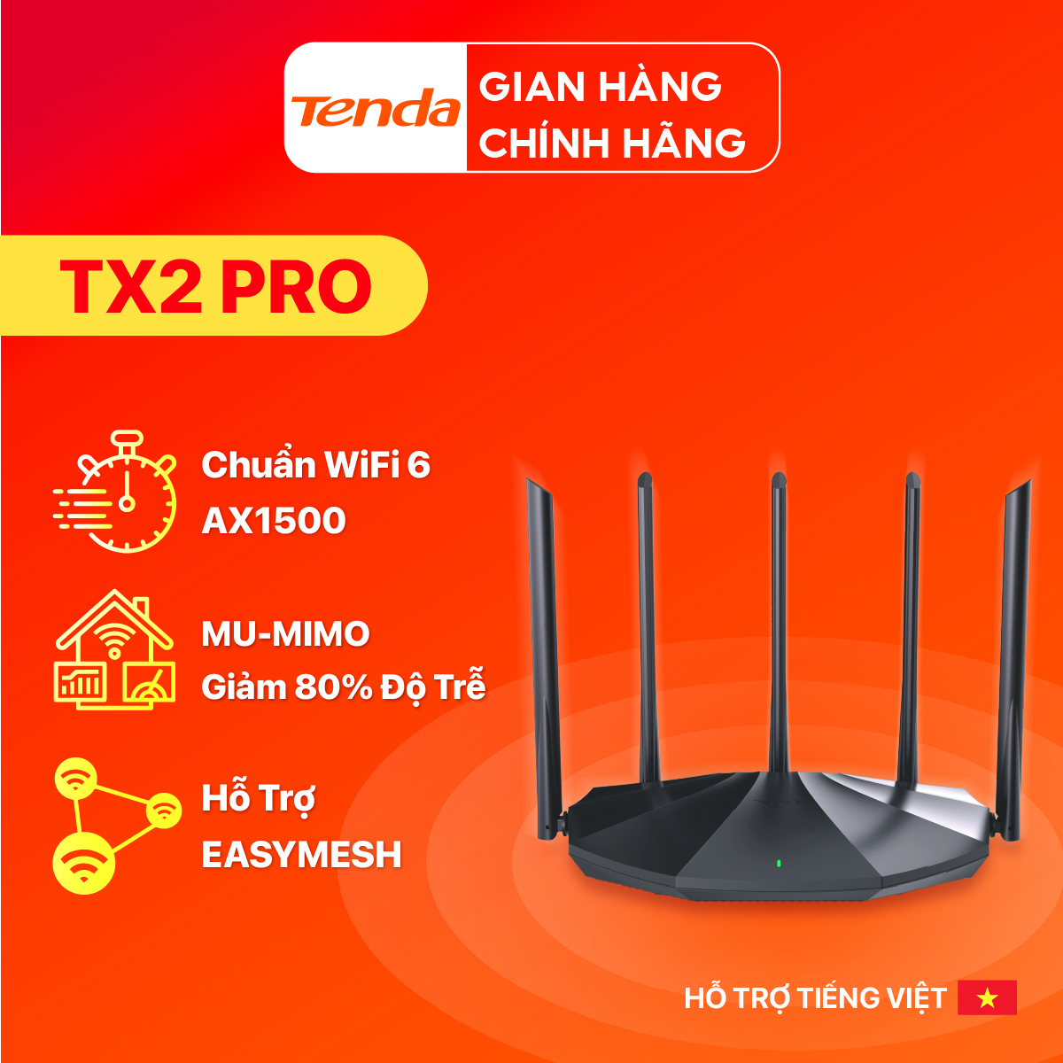 Bộ phát wifi tenda tx2 pro chuẩn wifi 6 ax1500mbps hỗ trợ easymesh- hàng chính hãng