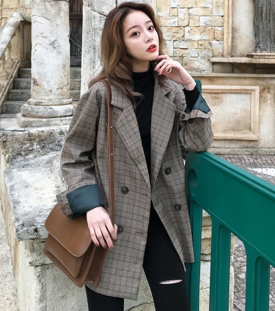 Áo Khoác Vest Blazer Nữ Thiết Kế Công Sở Dài Tay Kẻ Caro Đính Cúc Dày Dặn Khoác Ngoài Phong Cách Hàn Quốc Phối Đồ Cực Đẹp