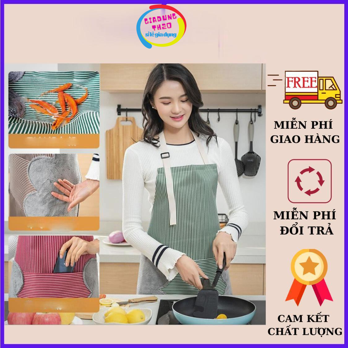 Tạp dề nấu ăn, Tạp dề nhà bếp tiện lợi chống bám dầu mỡ, họa tiết kẻ sọc, Tạp dề chống thấm có túi đựng đồ, Tạp dề siêu đẹp cho mẹ