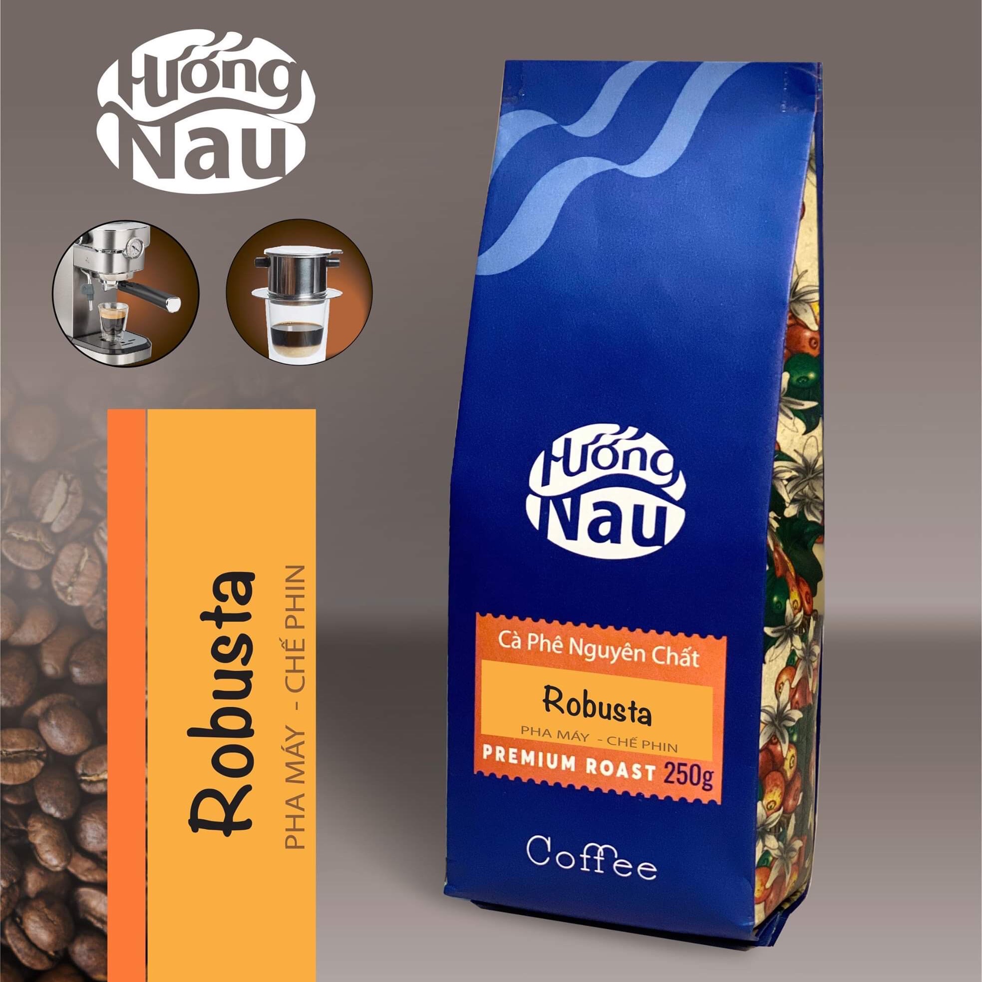 500 gram, cà phê hạt rang xay mộc nguyên chất 100% robusta hương nâu, pha phin và pha máy, rang mộc không tẩm ướp.
