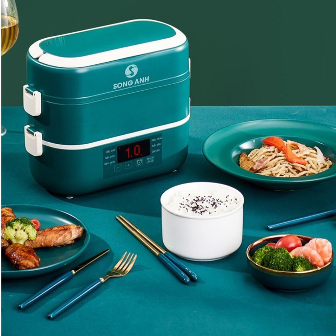 Hộp Cơm Cắm Điện 2 Tầng Ruột Sứ Song Anh 3 Trong 1 Nấu Hấp Luộc Hâm Nóng Thức Ăn - Hàng Loại 1
