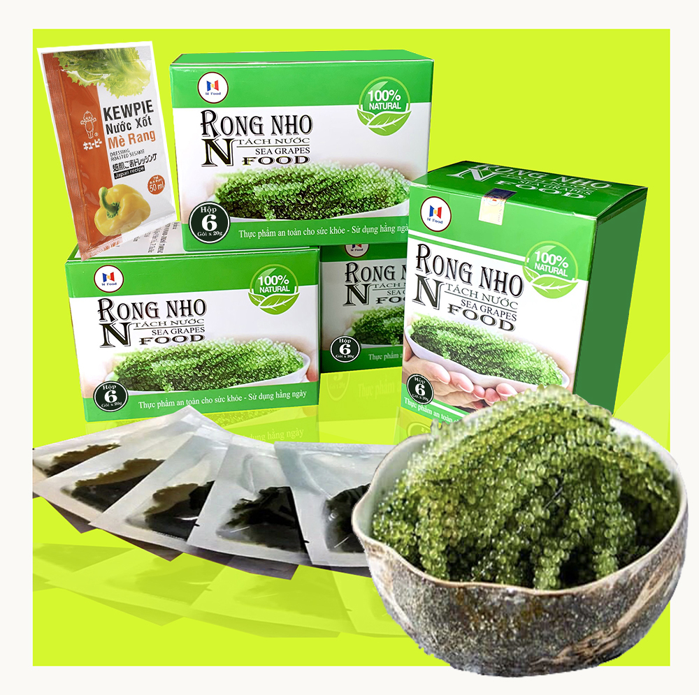 Rong Nho Tách Nước HỘP 6 X 20G - Rong Nho biển + TẶNG 2 XỐT MÈ RANG CHẤM RONG CỰC NGON