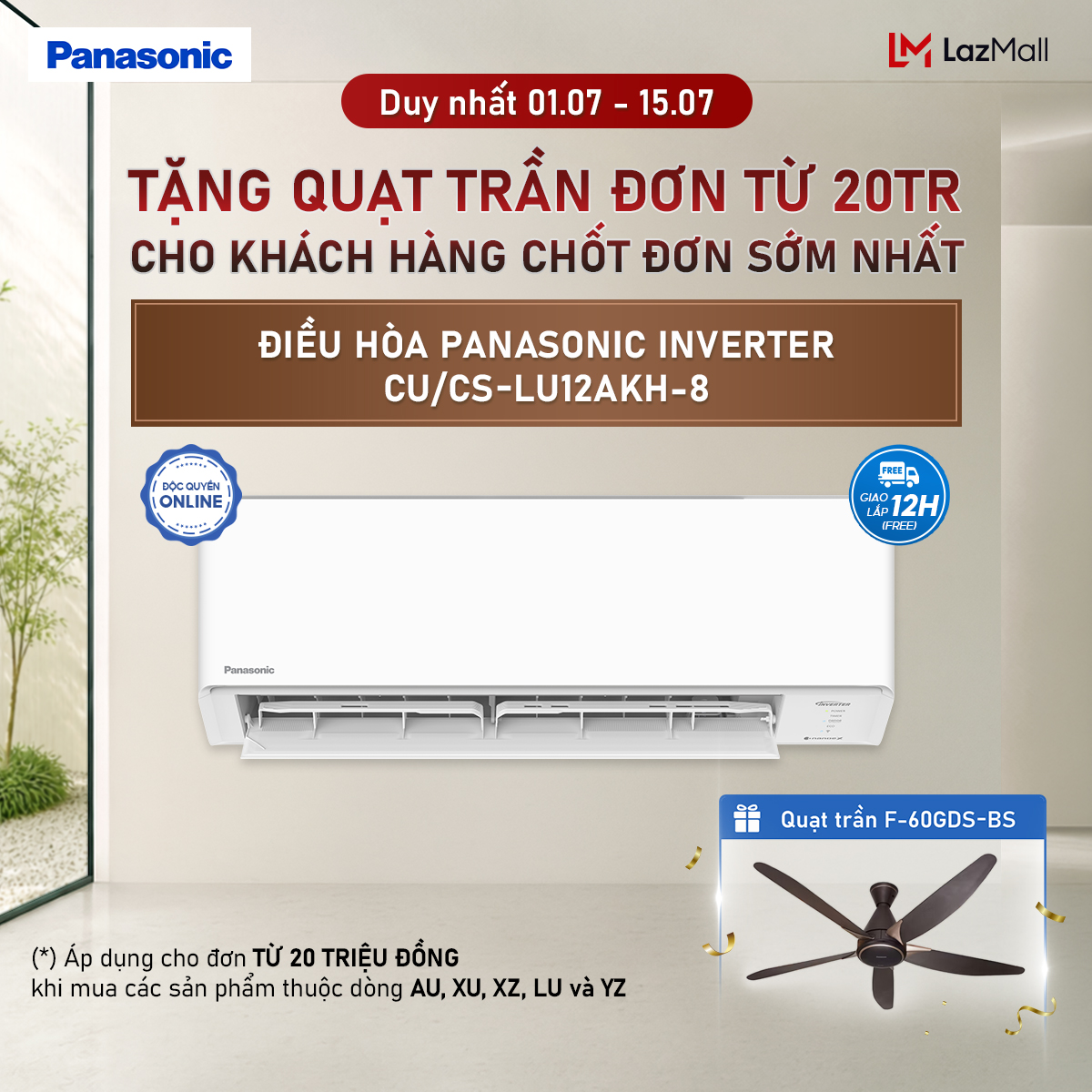 [Sẵn hàng miền Nam] Máy lạnh/ Điều hòa Panasonic Inverter CU/CS-LU12AKH-8 - 1.5HP - Một chiều - Eco AI - Lọc sạch không khí NanoeX - Wifi