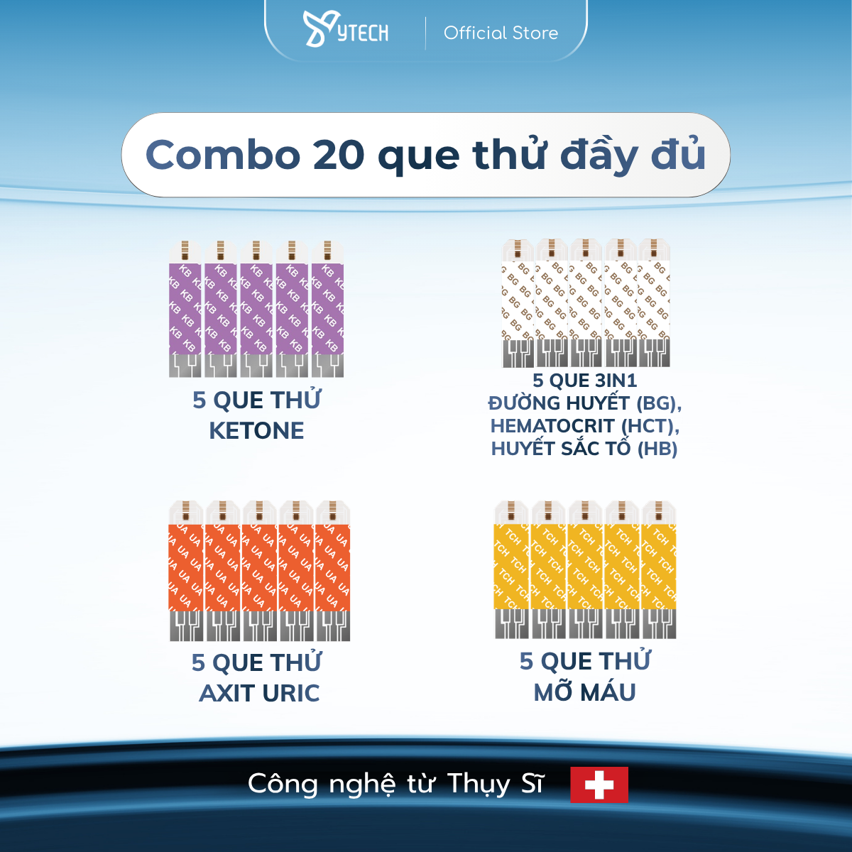 [YTECH] Set 20 Que Test FORA - 5 Que Ketone + 5 Que 3in1 + 5 Que Axit Uric + 5 Que Mỡ Máu