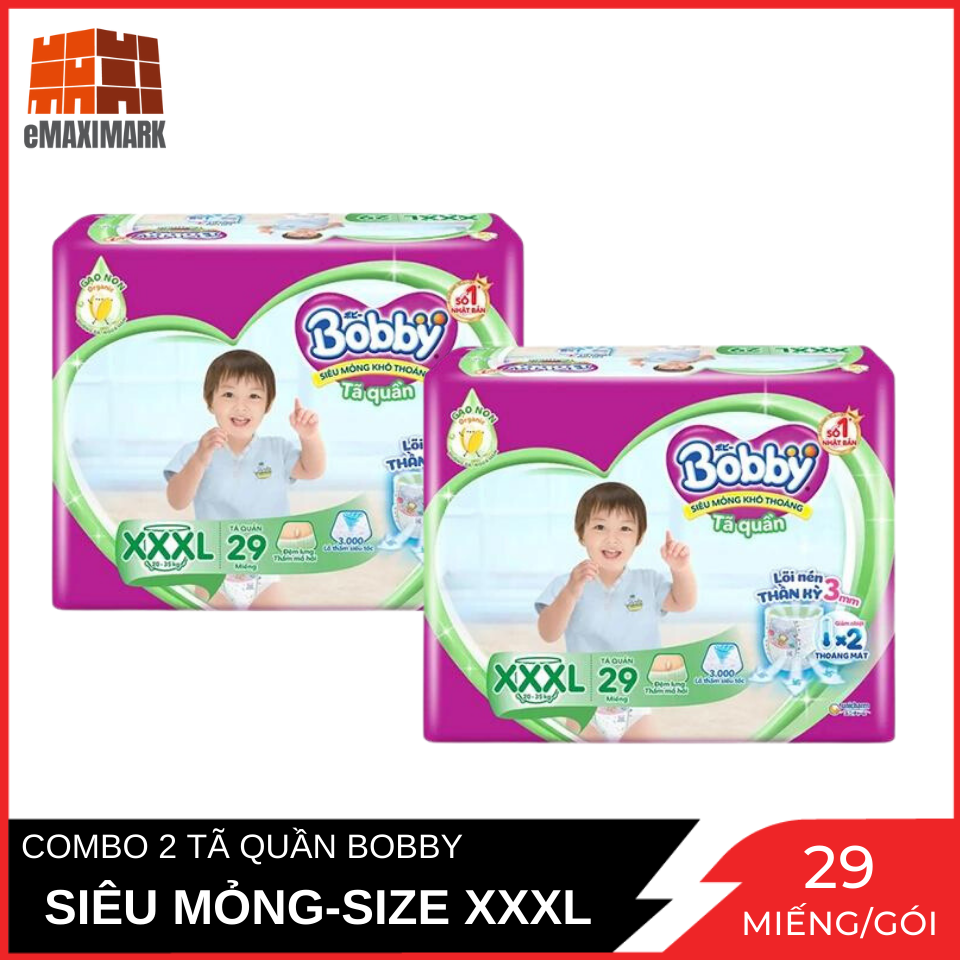 Combo 2 tã quần bobby siêu mỏng khô thoáng xxxl 29 miếngx2