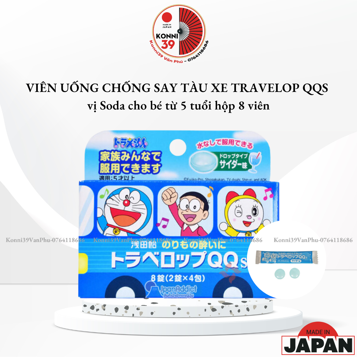 Viên uống say tàu xe Travelop QQS vị táo cho bé từ 5 tuổi hộp 8 viên