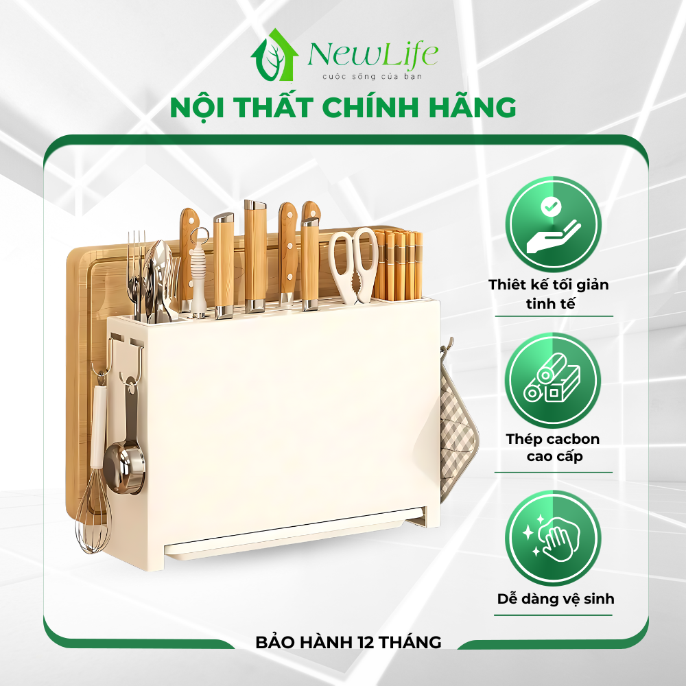 Kệ để dao thớt, đũa thìa cao cấp, chất liệu thép cacbon sơn phủ tĩnh điện kháng khuẩn, bền đẹp, giá cắm dao thớt đa năng