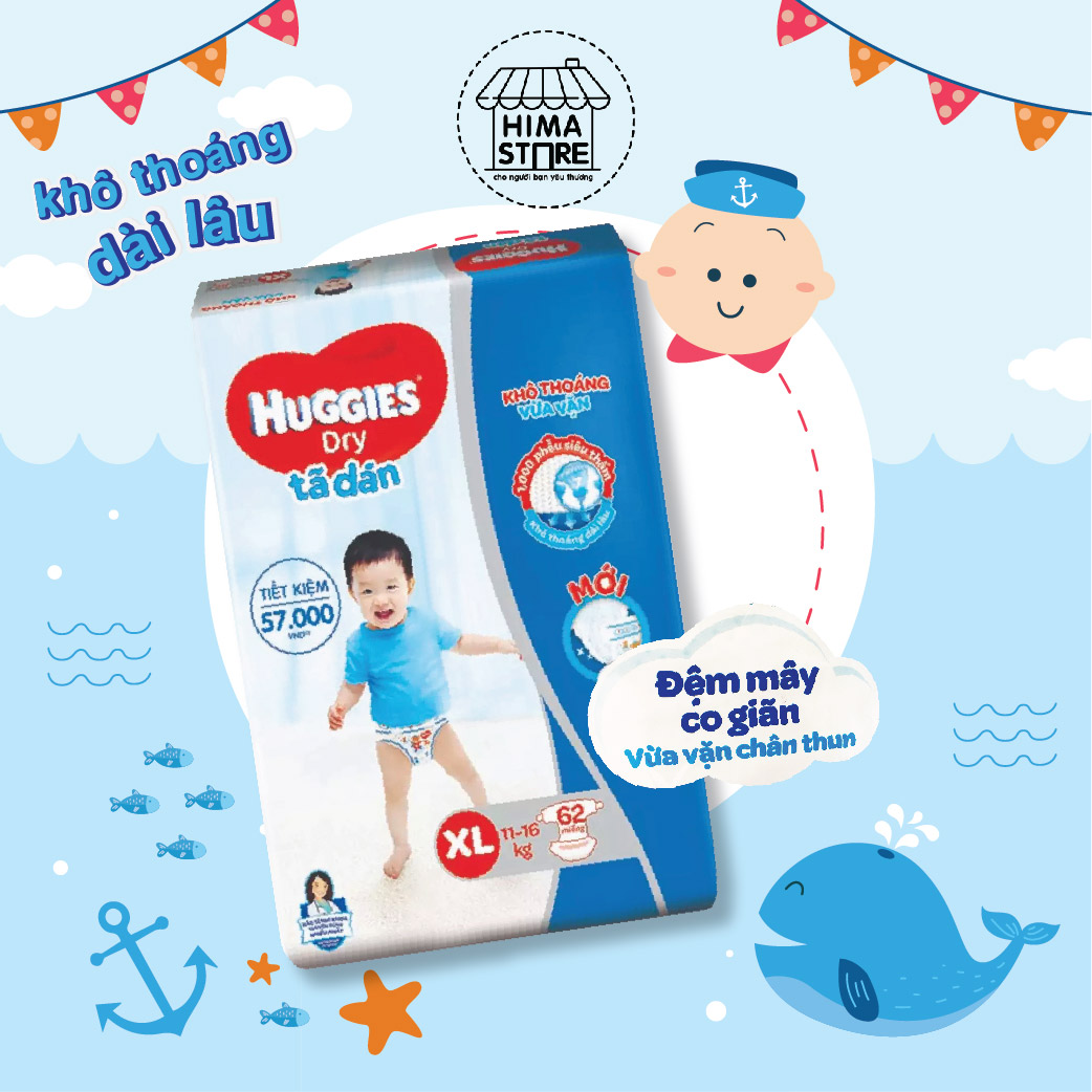 Tã/bỉm dán huggies xl62 tã/bỉm dán huggies dry jumbo xl62 mới - gói 62 miếng - cam kết hsd còn ít nhất 10 tháng