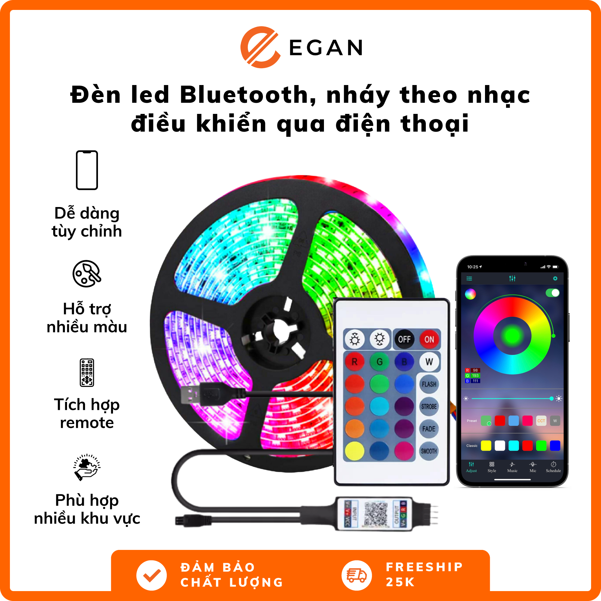 Đèn led dây trang trí phòng ngủ bluetooth điều khiển điện thoại decor phòng ngủ 0.5M 1M 3M 5M đèn sáng 16 triệu màu