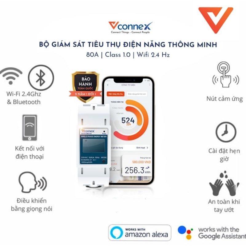 Công tơ điện tử thông minh 1 pha vconnex - giám sát và theo dõi tiêu thụ điện, 80a, class 1.0, wifi 2.4 hz msp73826