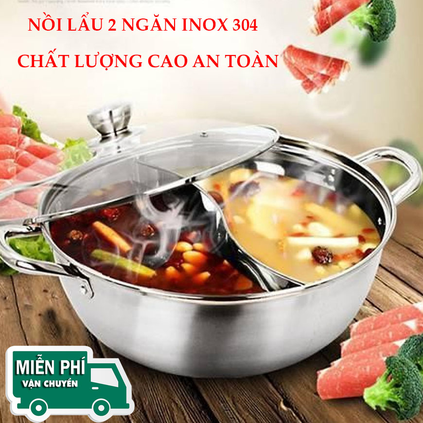 [HCM]Nồi lẩu 2 ngăn inox 304 Mua ngay nồi lẩu inox cao cấp với thiết kế 2 ngăn riêng biệt giúp bạn và gia đình có thể ăn 2 món nẩu cùng một lúc dùng được cho bếp gas bếp từ bếp hồng ngoại.