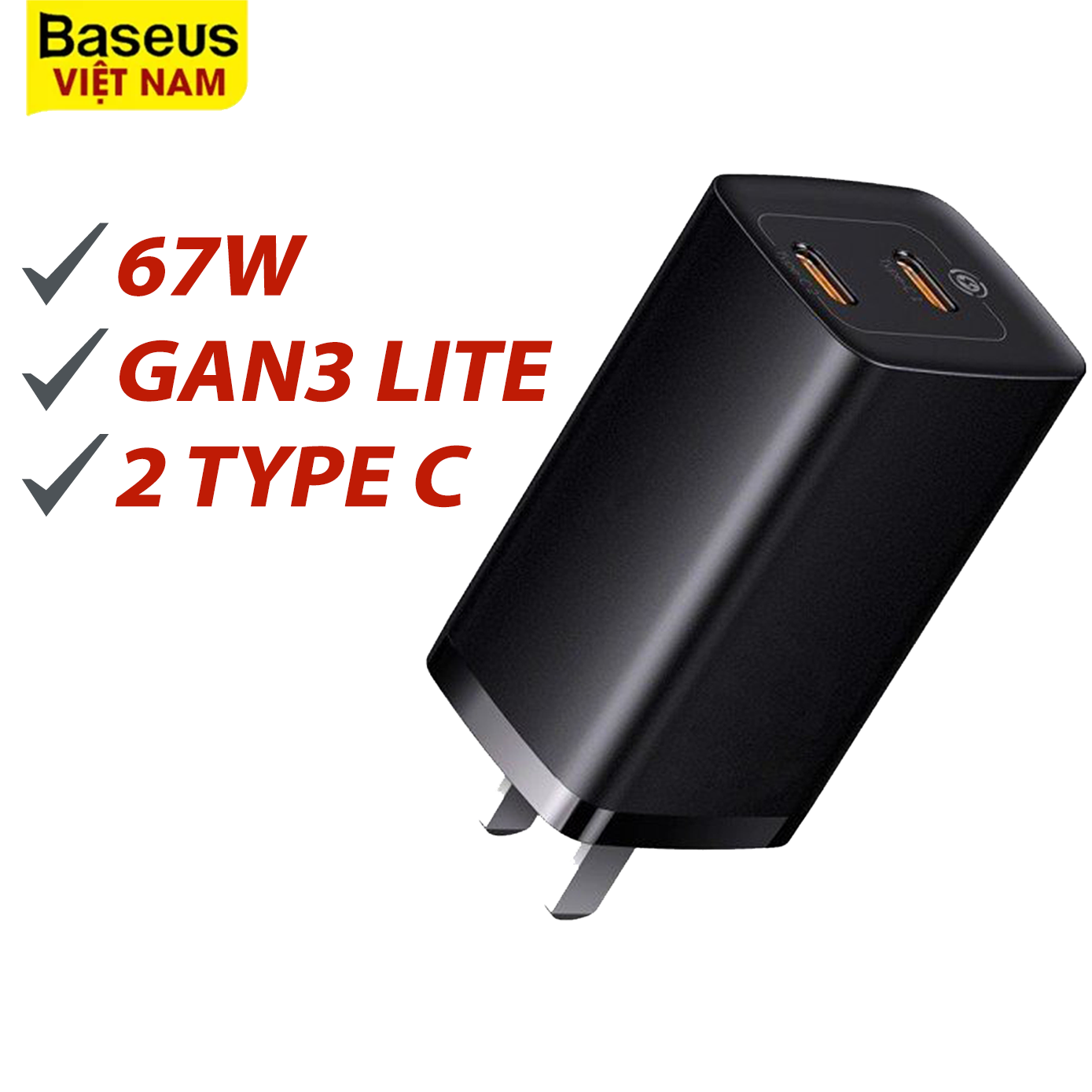 Bộ sạc nhanh đa năng baseus gan3 lite fast charger công suất 67w - 2 cổng type c/1 cổng usb + 1 cổng type-c sạc siêu nhanh cho điện thoại, laptop...