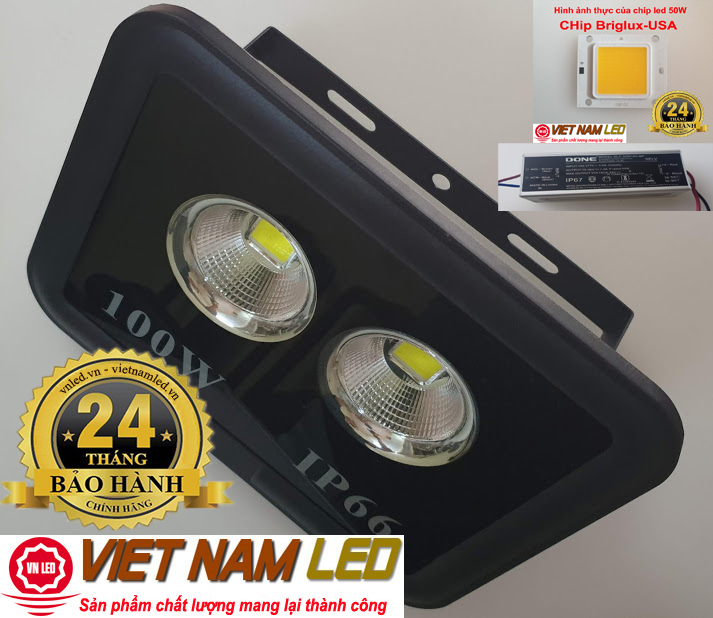 Đèn pha led 100w 220v, 2 mắt led lắp ngoài trời ip66 nguồn done, chip briglux của usa