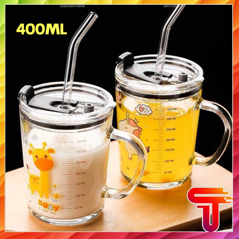 Cốc Thuỷ Tinh Chia Vạch 400ml Hoạ Tiết Hoạt Hình Có Nắp Đậy Chân Không(Tặng Kèm 1 Ống Hút Silicone)