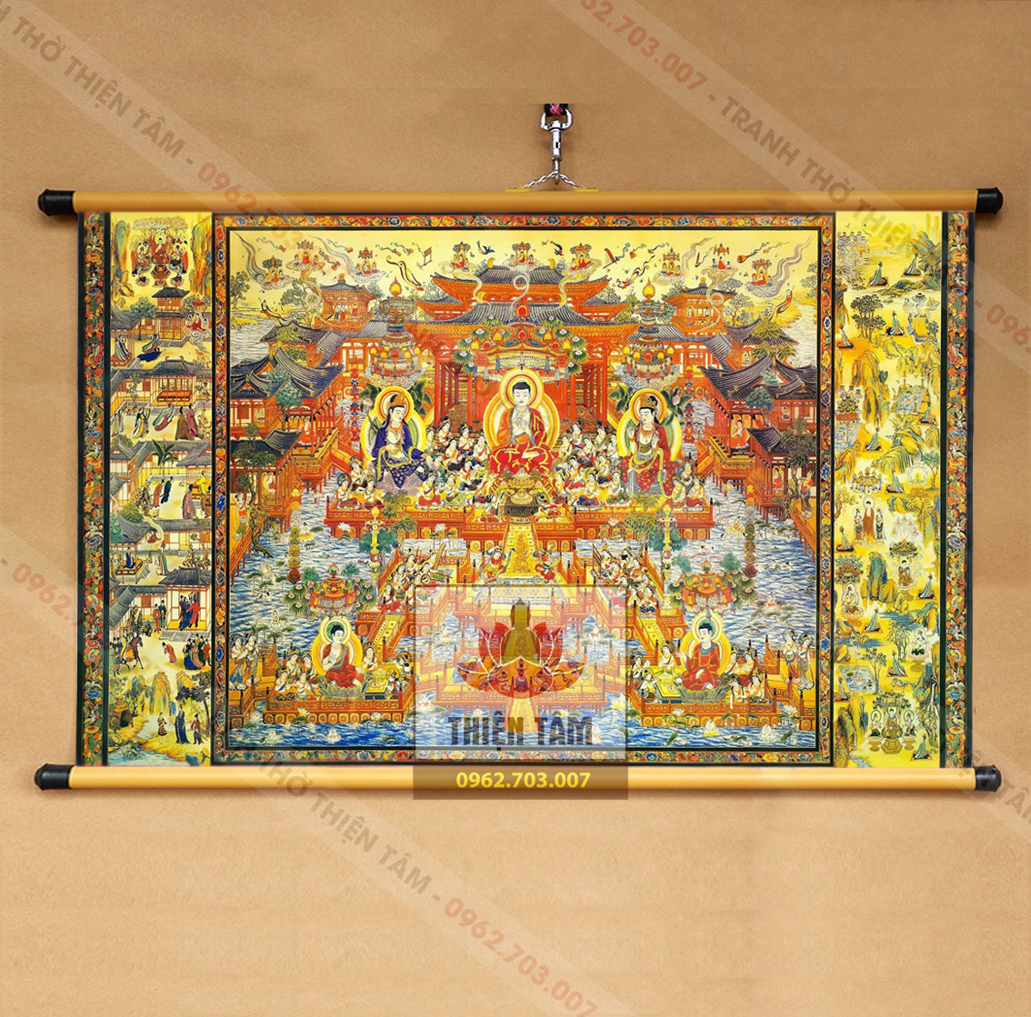 Tranh Liên Trì Hải Hội Tây Phương Cực Lạc khổ lớn 70x45cm treo tường bằng vải phủ bóng cao cấp, dày dặn