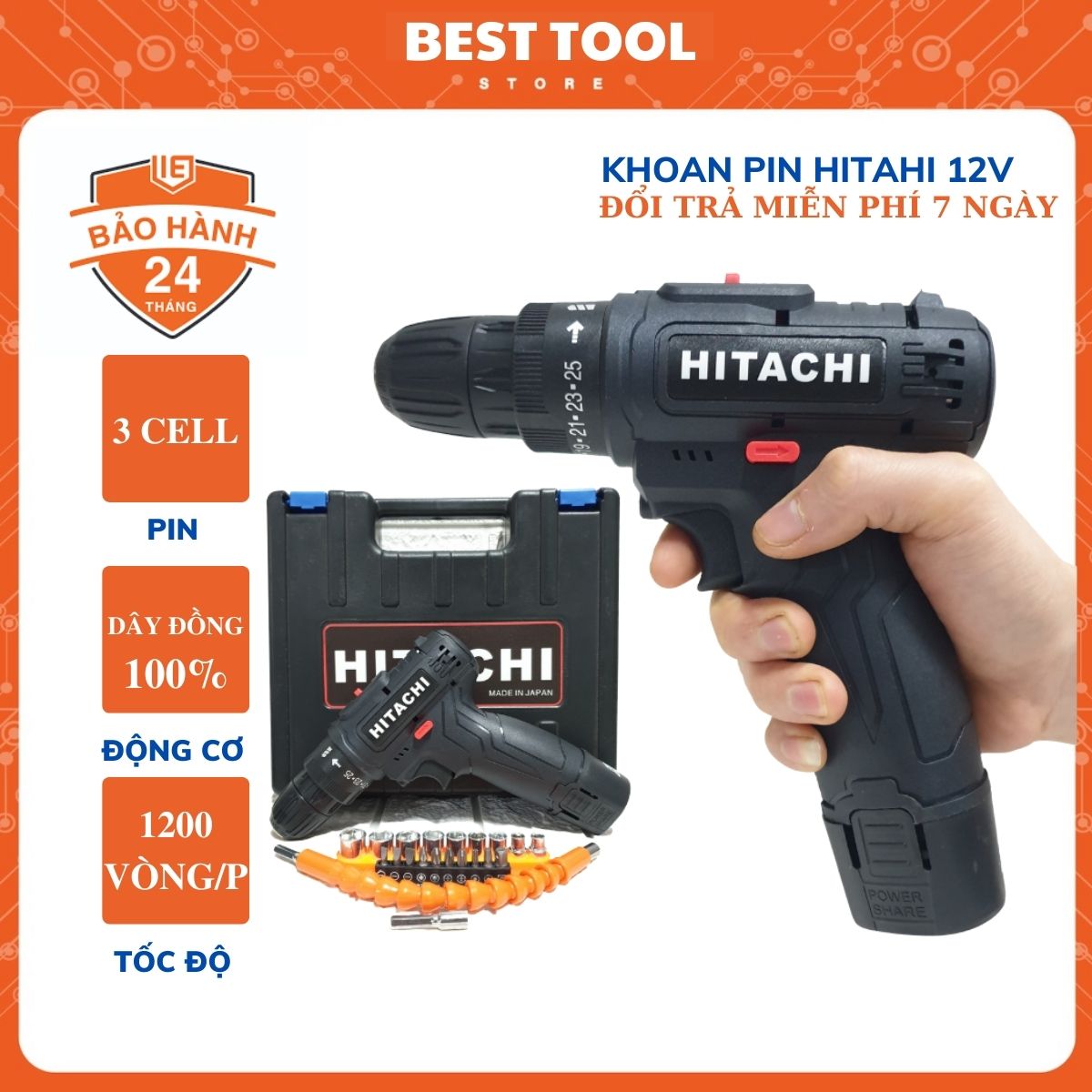 Máy khoan pin hitachi 12v - Máy bắn vít hitachi 12v 2 pin tặng kèm bộ phụ kiện 22 chi tiết