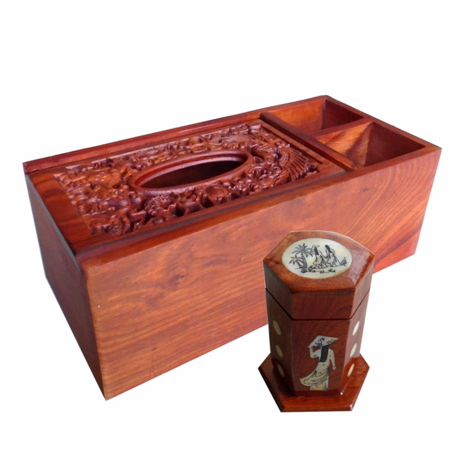 Hộp gỗ khăn giấy gỗ hương 3 ngăn tiện dụng tặng kèm ống tăm